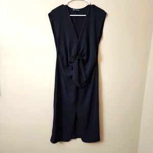 Zara size S black dress midi with front knot-tie detail and slit in front